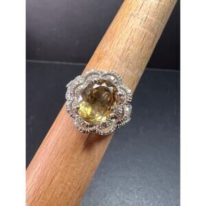 Citrine & Diamond Sterling Silver Scalloped Halo Ring Size 9